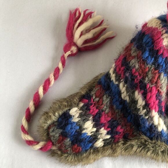 American Eagle Outfitters Wool Knit Trapper Hat Faux-Fur Lined OS Fuchsia Blue - Picture 5 of 8